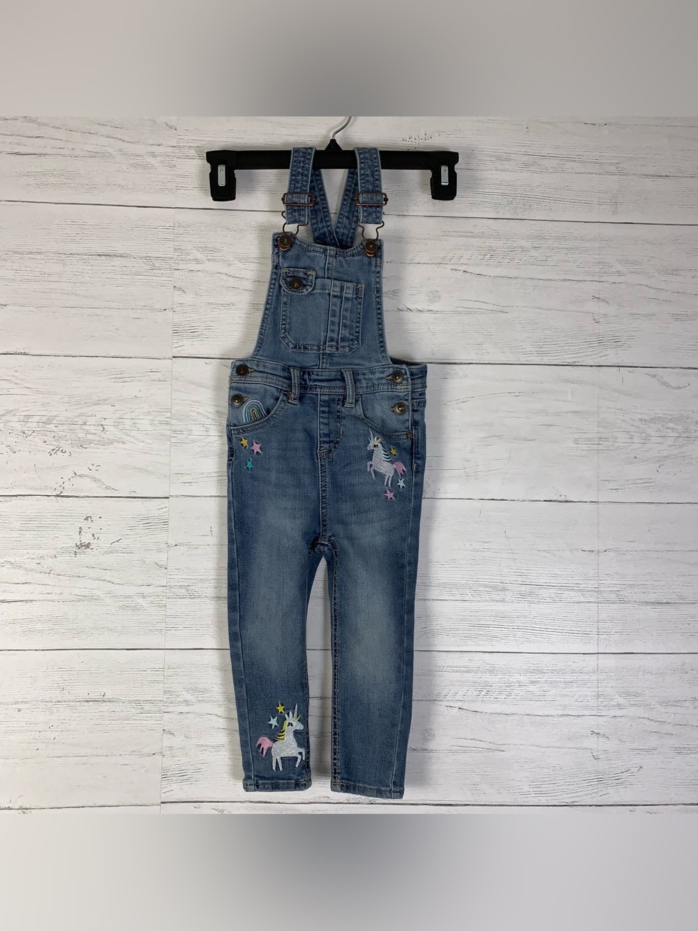 Wonder Nation Denim Overalls Unicorn Rainbow Embroidered Girls Size 2T